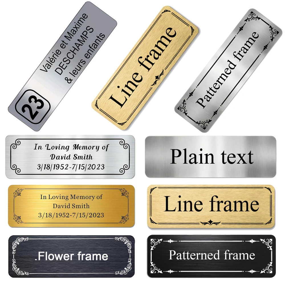 Étiquette métallique en acier inoxydable personnalisable, panneau adhésif pour boîte aux lettres, badge nominatif personnalisé, design de bordure personnalisé, étiquettes de texte sur mesure