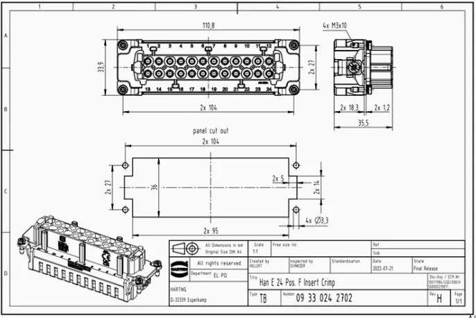 09330242702 harting han 24e-f-c 24-poliger Hoch leistungs stecker Buchsen kern