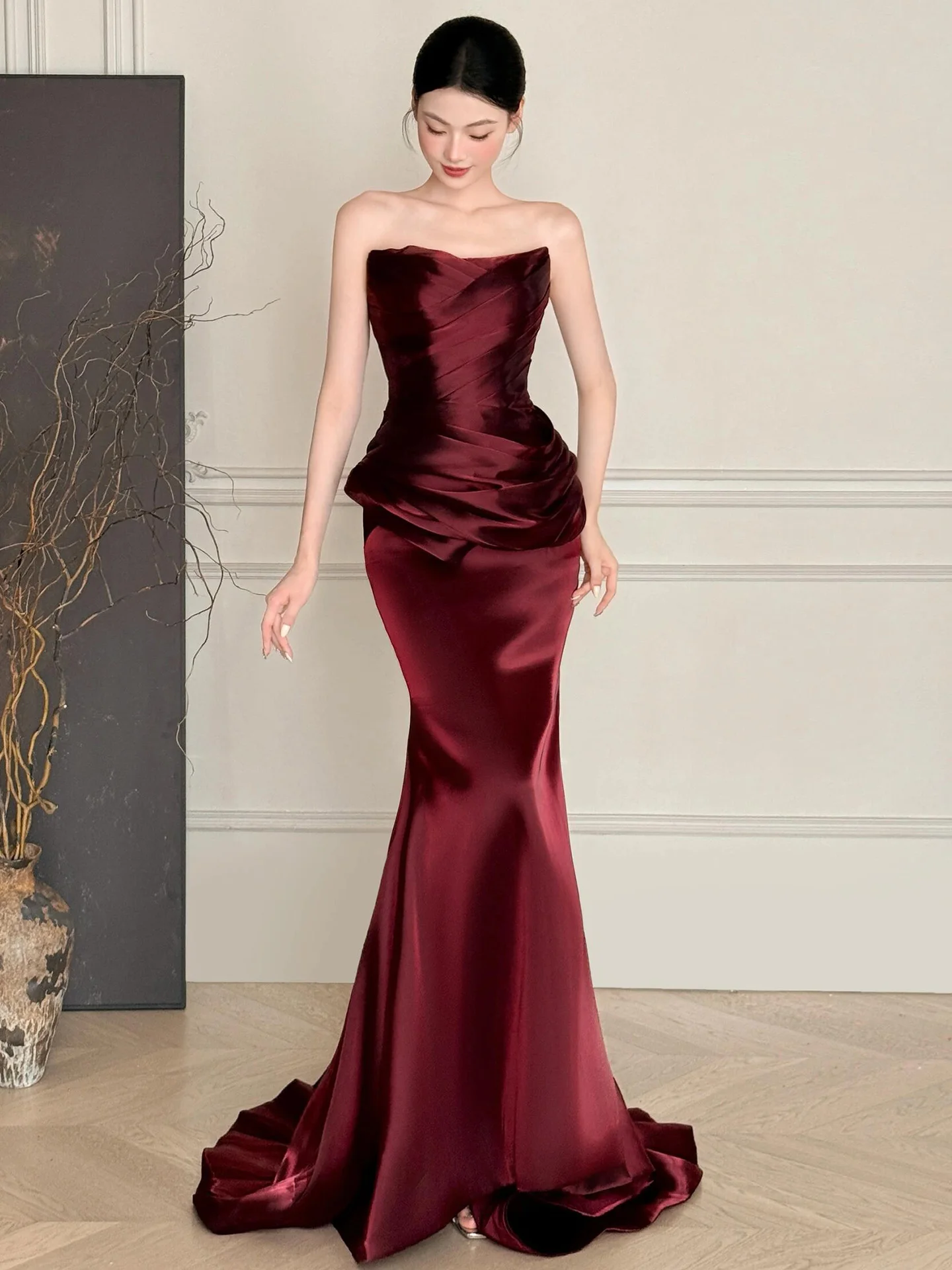 

Вечернее платье для подружек невесты цвета красного вина, женское, без бретелек, на заказ, для помолвки, роскошное, модное, с цветами ручной работы