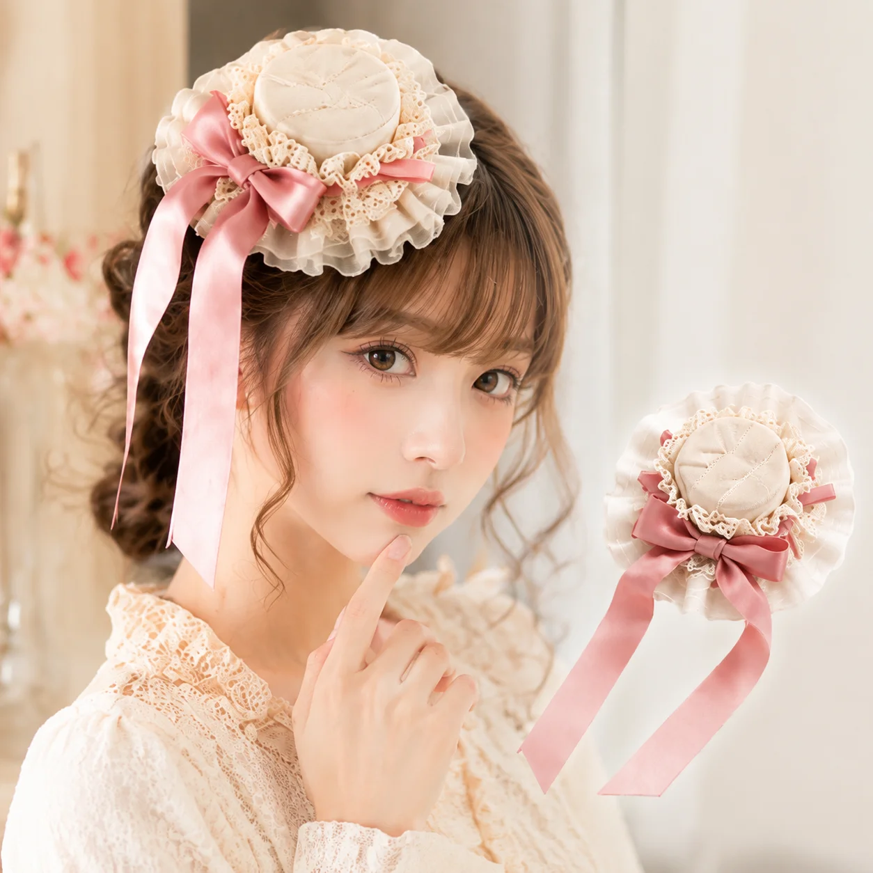 Vintage Lace Frilled Small Bonnet Satin Bow Streamer Decor Lolita Headpiece Women Daily Tea Party Anime Cosplay Hair Decor