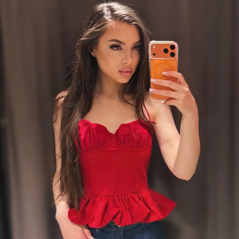 HXAO Halter Crop Top Damen Sommer 2026 Sexy Rotes Gerüschtes Camisole Bustier Ärmelloses Rückenfreies Top mit Trägern Streetwear Cami Top – Detail 6