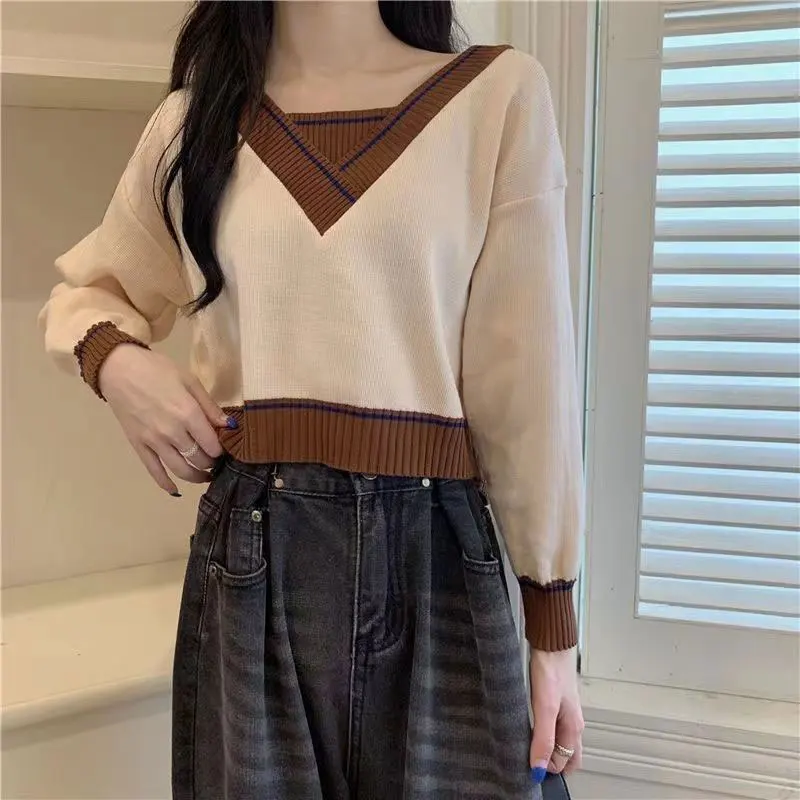 Women\'s Autumn New Style Fashion Office Lady Simplicity V-neck Long Sleeve Knitwear Women Clothes Elegant Temperament Loose Tops