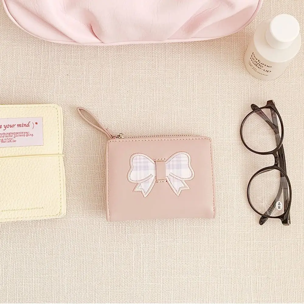 Корейский короткий женский кошелек с сердечком и бантом, складной кошелек с застежкой, клетчатый клатч, женский кошелек