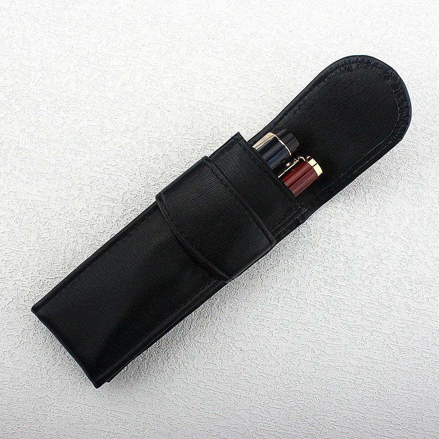 Schwarz Doppel Stift Ledertasche Top Gewaschen Rindsleder