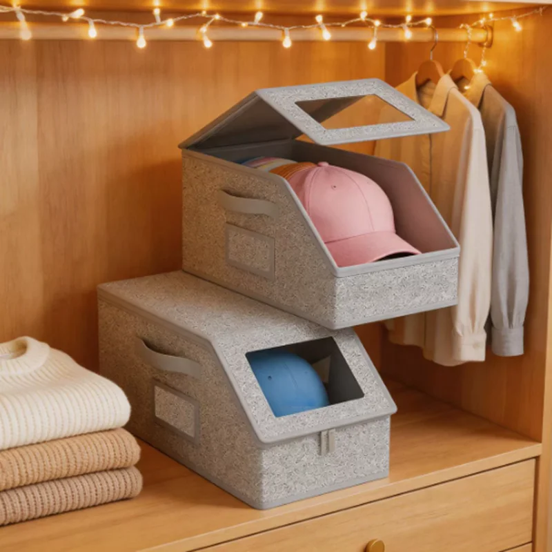 Foldable Visible Window Cap Storage Container, Zipper Closure Hat Organizer Box for Closet Shelf Baseball Hat Collection
