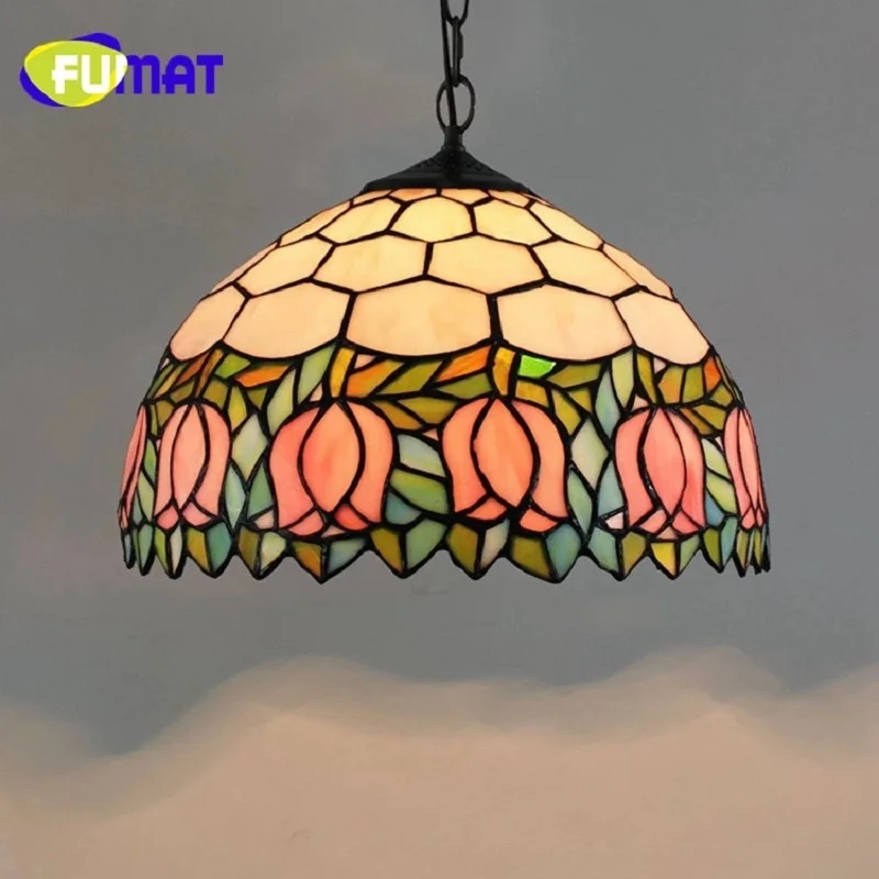 FUMAT European Creative Tiffany Stained Glass Blue Love Vintage Restaurant Yellow Dragonfly Pink tulip Living room Chandelier