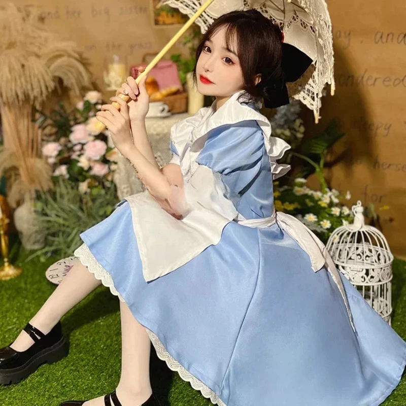 Robe Lolita OP à Manches Courtes pour Femme, Tenue de Soirée Bleue, Vêtement de Sauna, Tablier, Costume de Cosplay d'Halloween