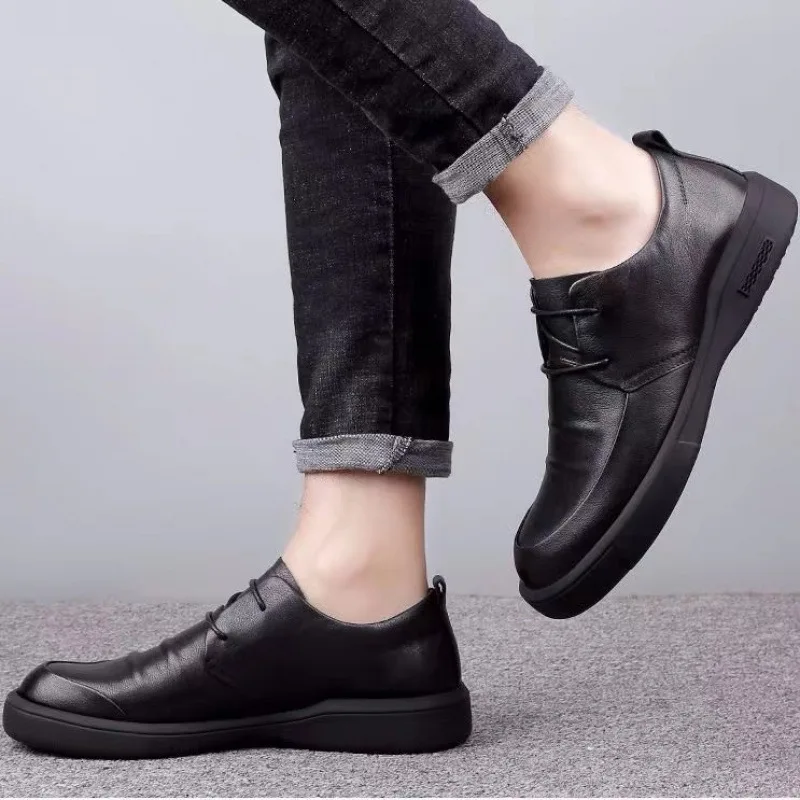 Zapatos informales de cuero para hombre, zapatos de trabajo con suela suave, zapatos de negocios con cordones, zapatos de cuero negros transpirables de estilo británico