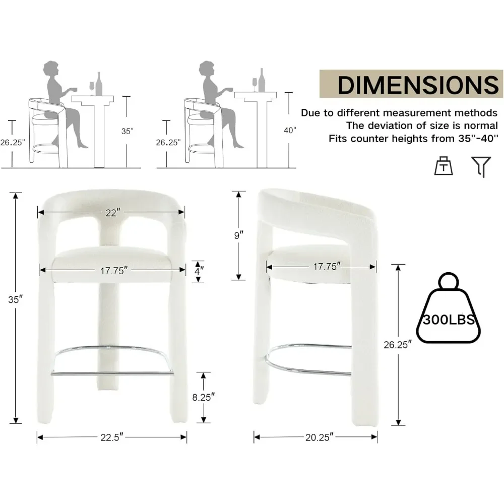 Boucle Barrel Counter Height  Set of 4, 26 Inch Modern Bar Stools with Open Back and arms, Comfortable Breakfast Barstool