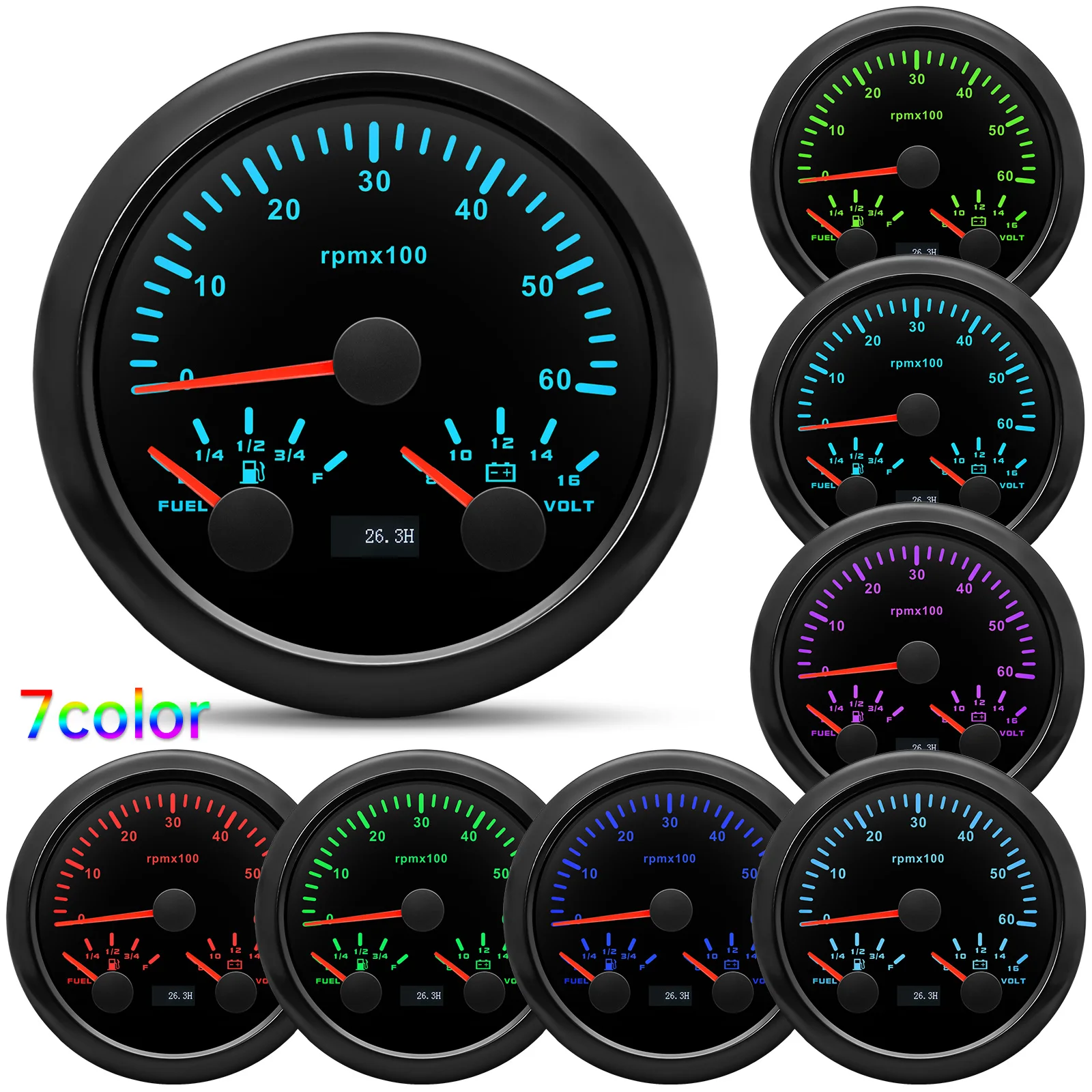 

Universal 3 IN 1 Car Gauge 6000RPM Tachometer +8-16v Voltmeter+Fuel Level Meter 7 Color LED Backlight for Car Marine Boat