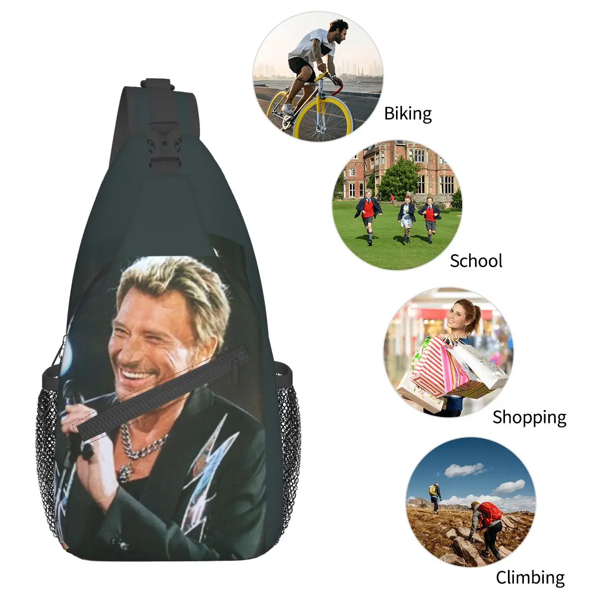 Johnny Hallyday-bandolera pequeña para el pecho, mochila de hombro para senderismo al aire libre, mochilas de día, Satchel de cantante de Rock francés