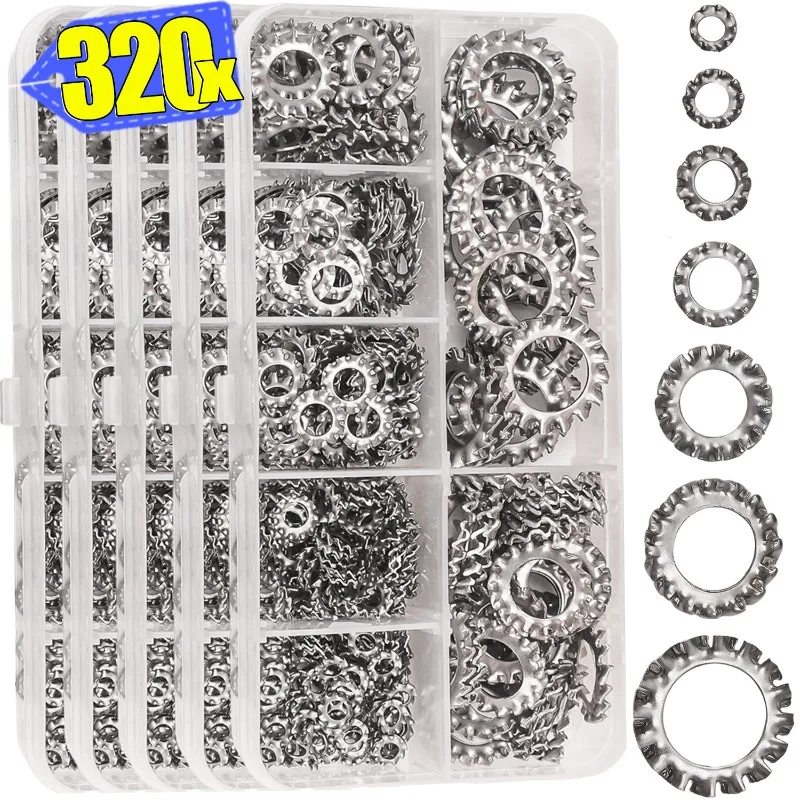 Juego de arandelas dentadas externas de acero inoxidable M3-M12 surtido de espaciadores de juntas dentadas de estrella sujetadores de Hardware de arandela de dientes múltiples