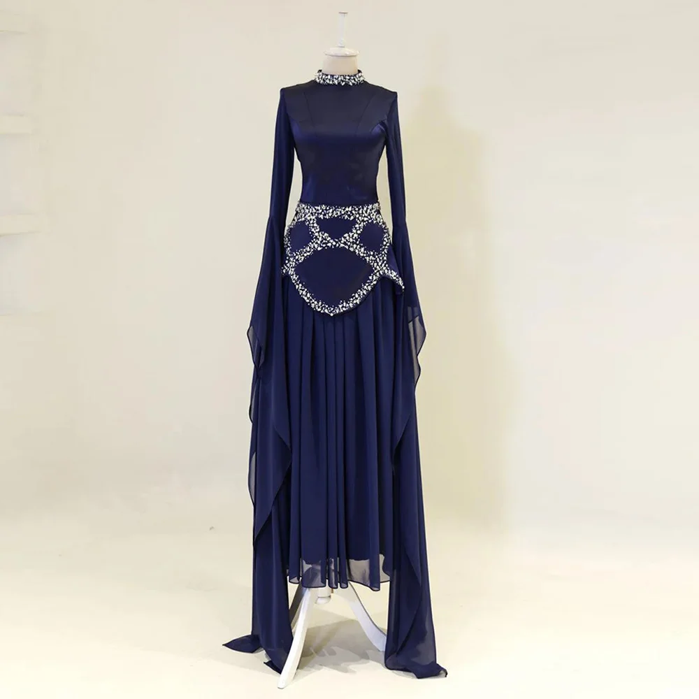 

Modern Arabian Evening Dress Customized Long Sleeves High Neck Beading Stone Chiffon Skirt Edi Prom Gown Party Dresses