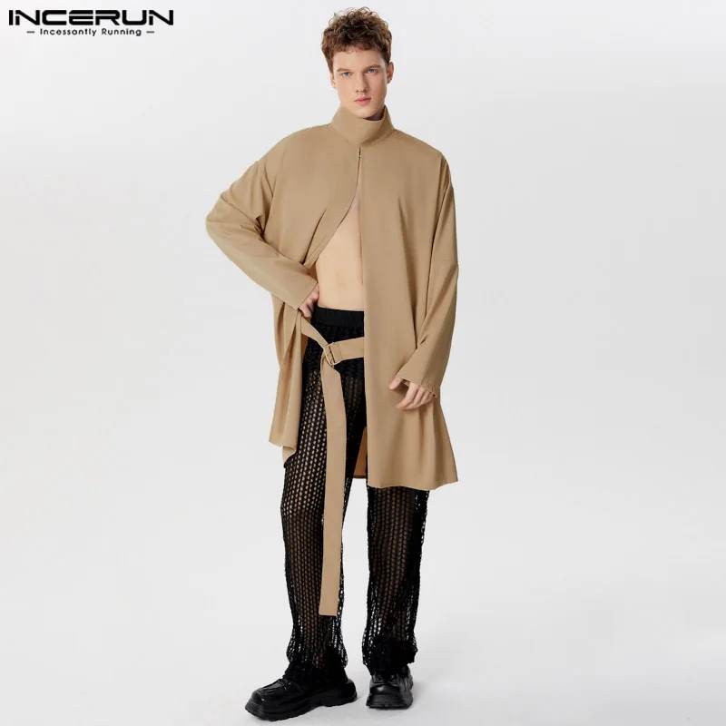 INCERUN Men Cloak Coats Solid Color Turtleneck Long Sleeve Casual Trench Men Streetwear Loose 2024 Open Stitch Fashion Ponchos