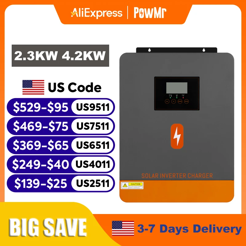 

Гибридный солнечный инвертор PowMr 2,3 кВт 4,2 кВт, 12 В, 24 В, 230 В, автономный инвертор из чистого синуса, двойной выход с солнечным зарядным устройством MPPT 100 А