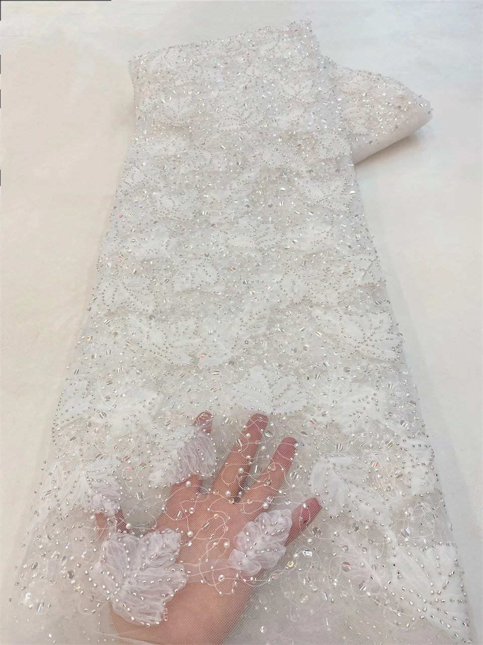 Heavy Beaded Lace Fabric Handmade New Beads 3D Flower Appliques Tulle Lace Fabric for Wedding Evening Dress NXZ5852