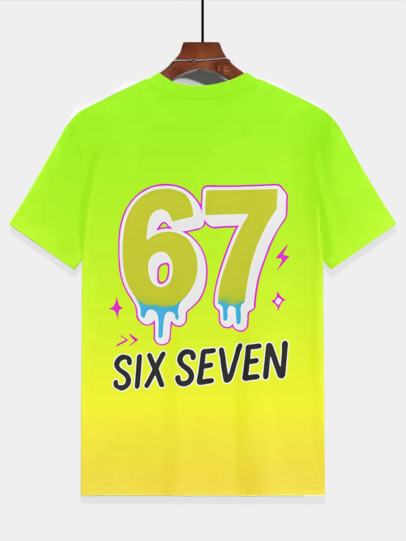 Unisex Fluorescent Yellow Tee Dripping Number 67 SIX SEVEN Lightning Sparkle Print Trendy Street Short Sleeve Top