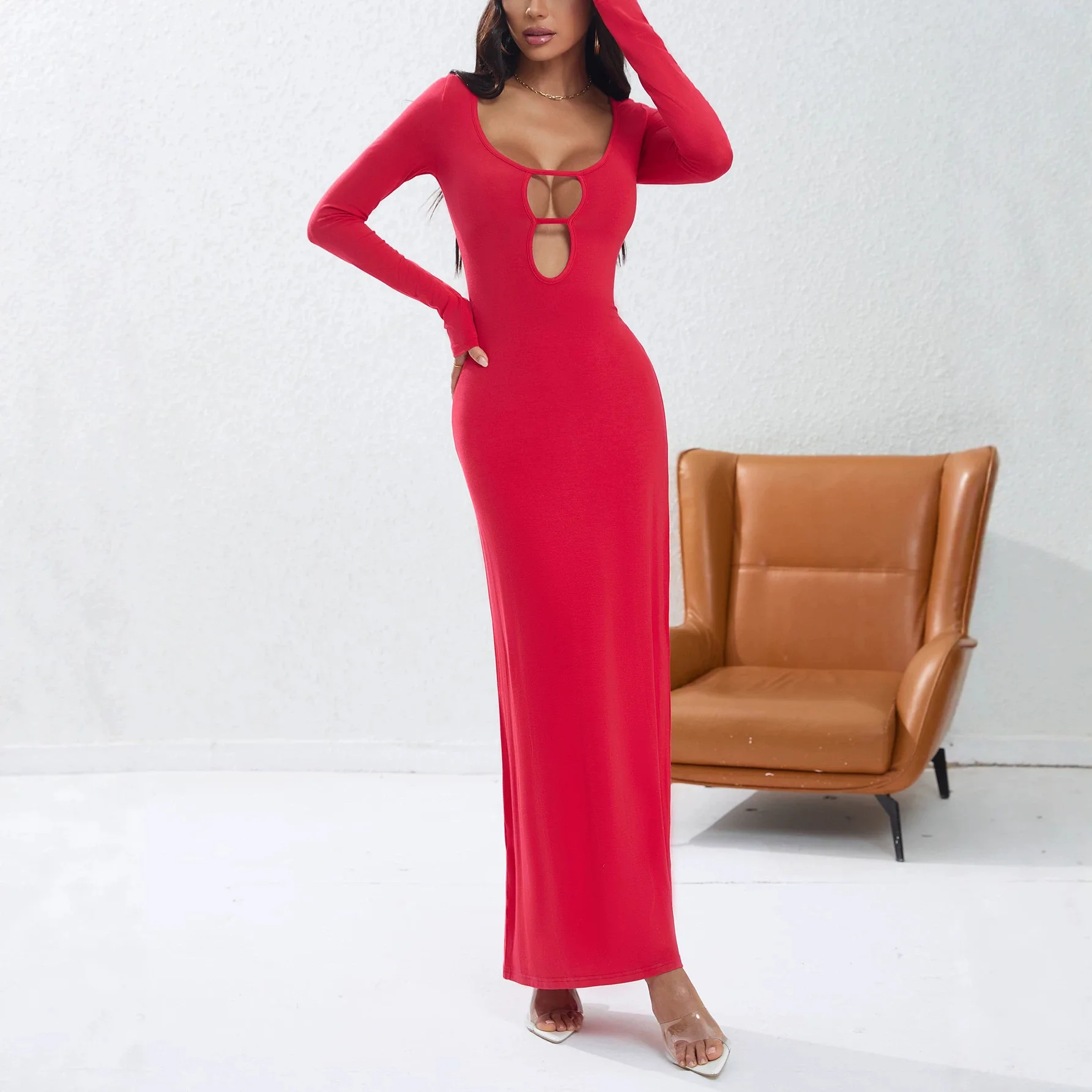 Women New Long Sleeve U Neck Hollow Out Dress Slim Bodycon Long Dress Custom