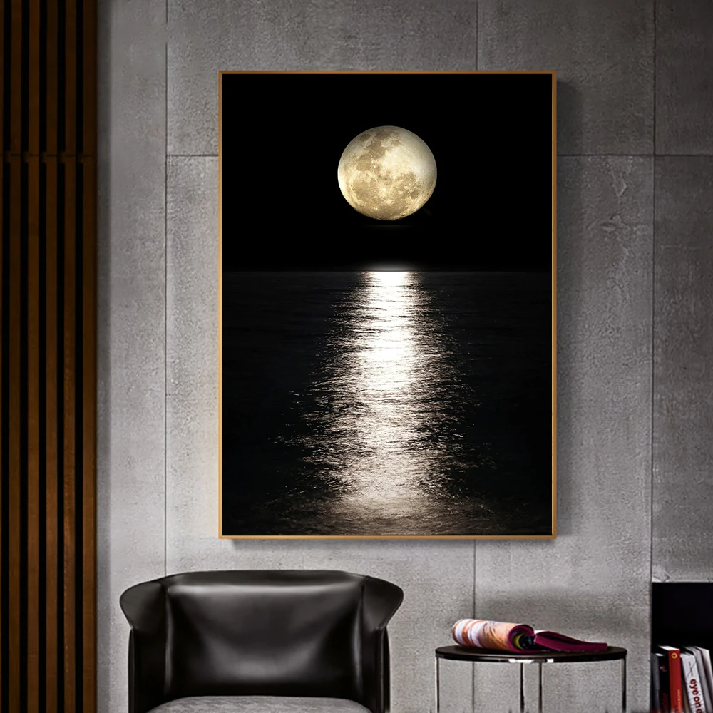 Moon Over Ocean Photo Canvas Print Wall Art Poster Shimmering Night Nature Scenery Picture for Living Room Home Decor Cuadros