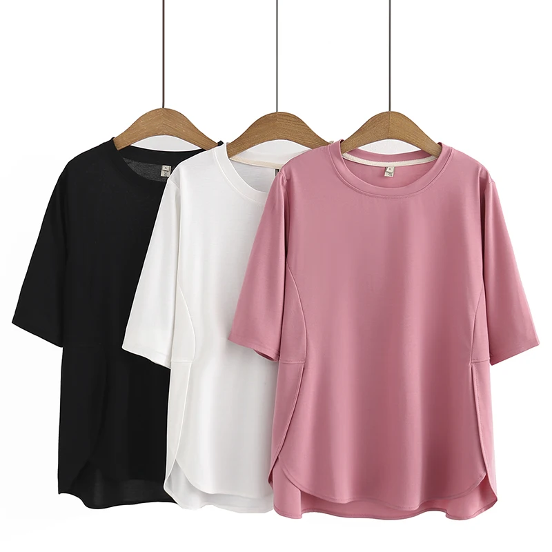 

Spring Summer 2023 round Neck Half Sleeve Color plus Size Conceal Design Asymmetrical Slit T Shirt Korean Style C...