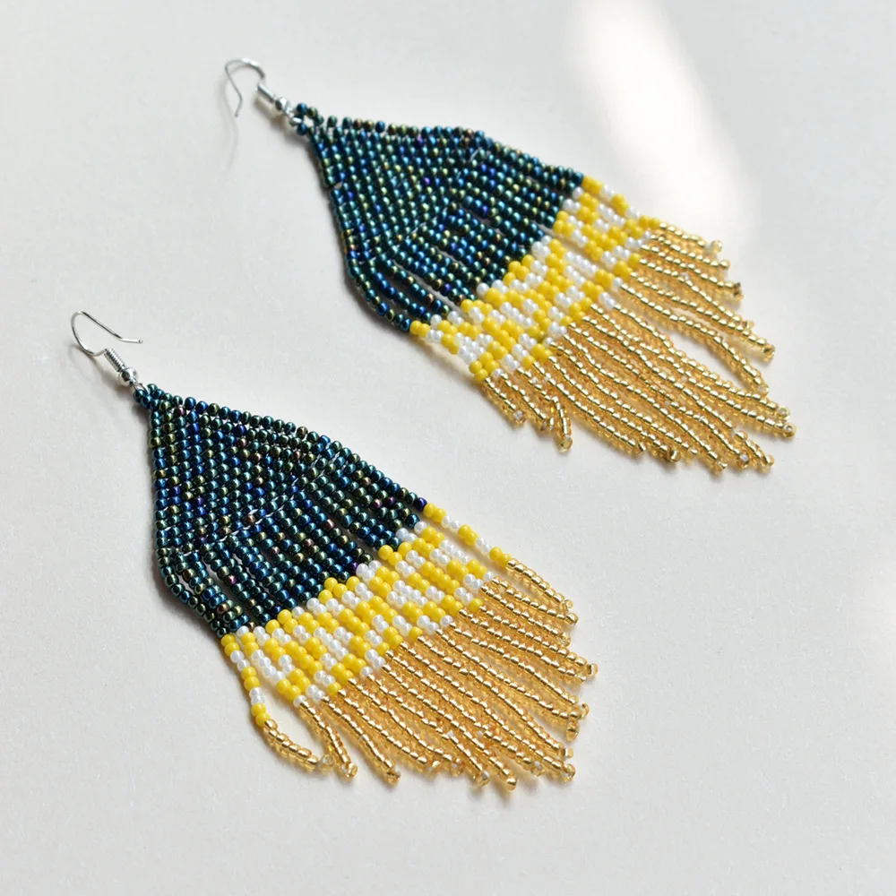 Fringe Earrings  Hand beading  Bohemia  fashion  Landscape painting  sun  fresh  Versatile  geometry  alloy  ma'am  Rice Bead Ea