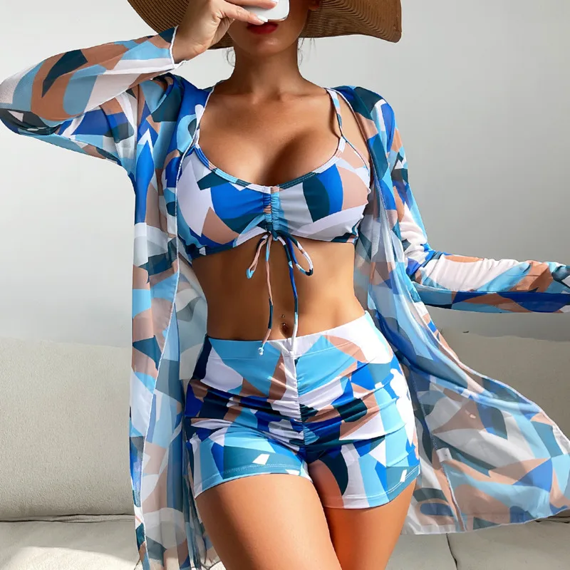 Bikini con estampado para mujer, traje de baño Sexy, ropa de playa, conjunto de Bikini de tres piezas con realce, 2024