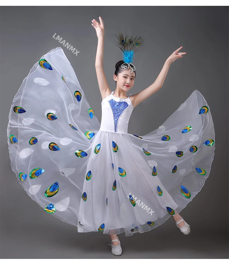 Nuevo traje de danza étnica, disfraz étnico Dai, disfraz de actuación de falda grande para baile de pavo real y espíritu de gorrión para niños