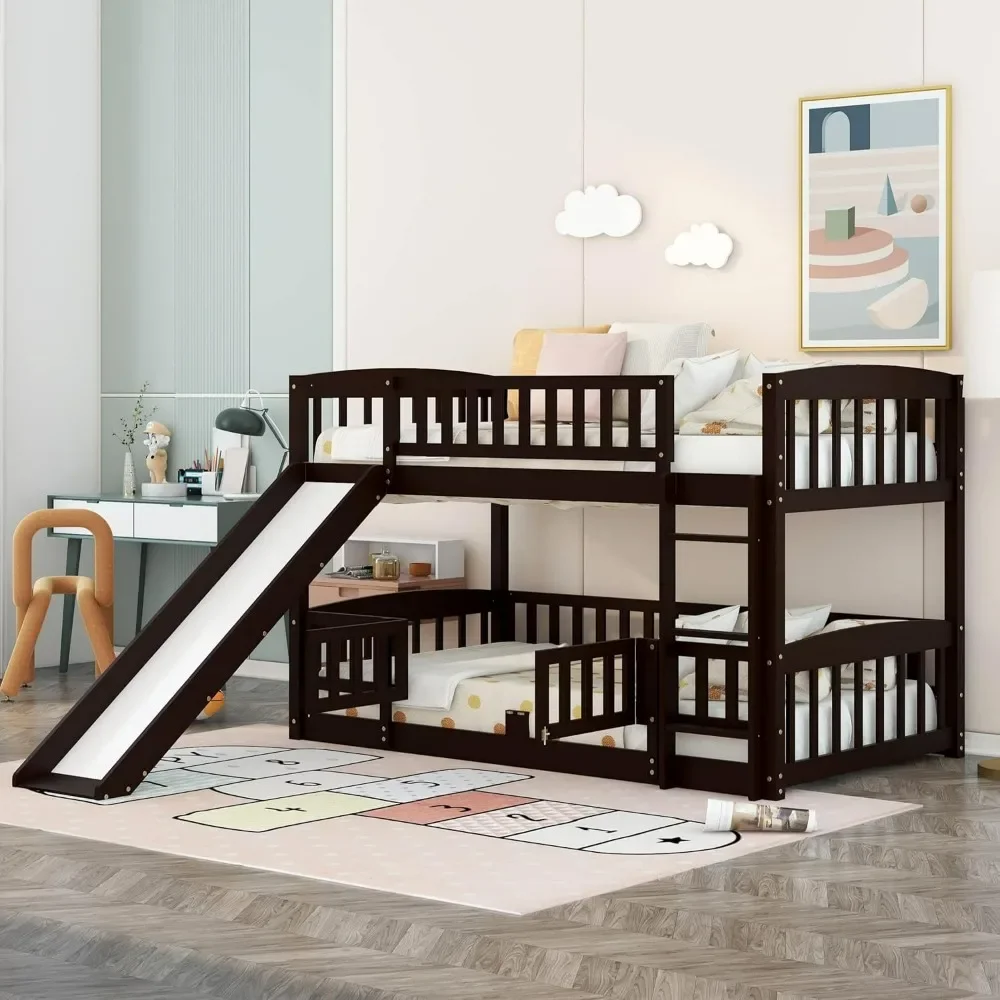 Low Kids Bunk Bed with Slide, Twin Over Twin Bunk Bed Frame with Fence,Ladder,Safety Guardrail,Wood Bunk Bed with Fun Small Door