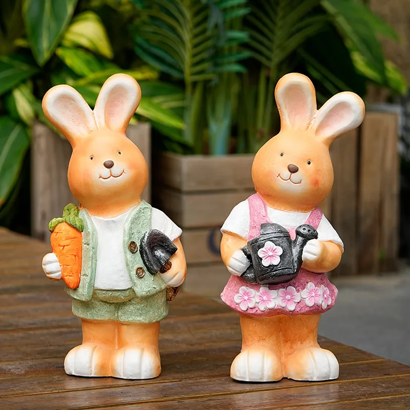 Rustic Rabbit Couple Garden Statue Cute Animal Figurines for Kindergarten Outdoor Balcony Decor Whimsical Yard Rabbit Ornaments
