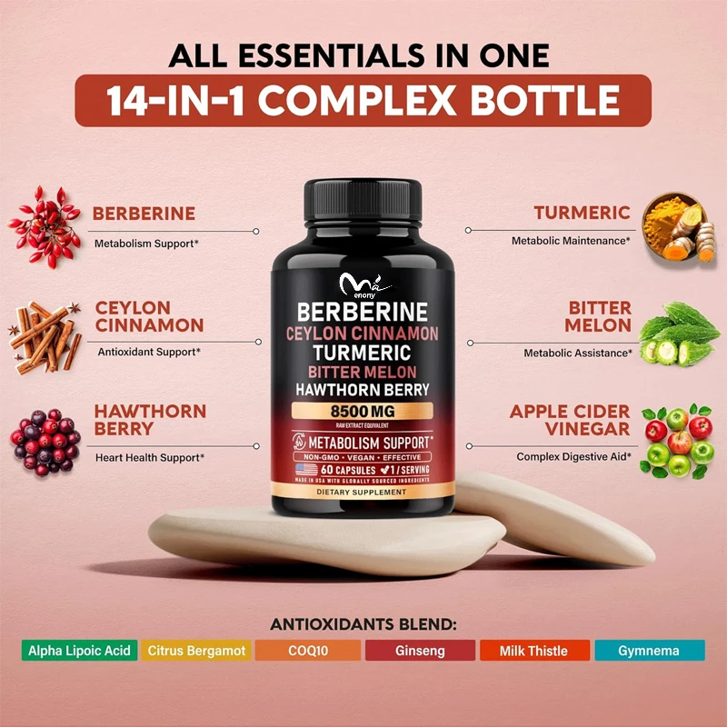 Berberine Ceylon cinnamon,apple cider vinegar, hawthorn berries, citrus, bergamot, bitter melon, coenzyme Q10-14 in 1 supplement