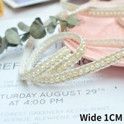 1CM Wide Korean Glitter Pearls Golden Braided Ribbon Beaded Fringe Lace Edging Trim Wedding Headwear Hat Cloth DIY Sewing Fabric