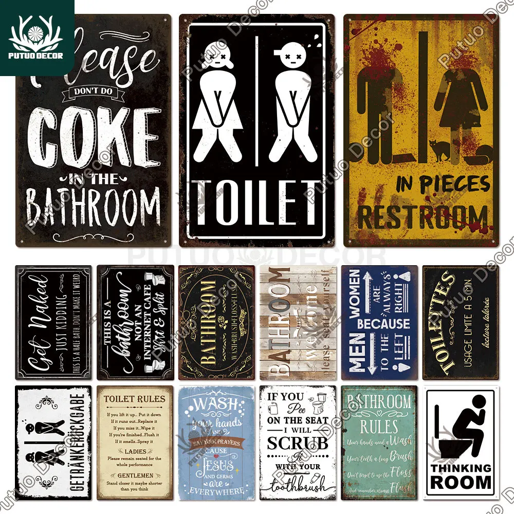 Putuo Decor Restroom Retro Tin Signs Vintage Bathroom Plaque Metal Plates Wall Art Posters Decoration for Toilet Iron Paintings