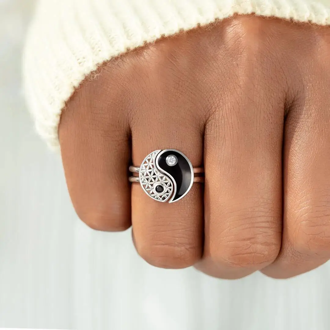 2pcs Punk Fashion Tai Chi Yin Yang Adjustable Ring Unique Black Enamel Color Open Rings for Women Men