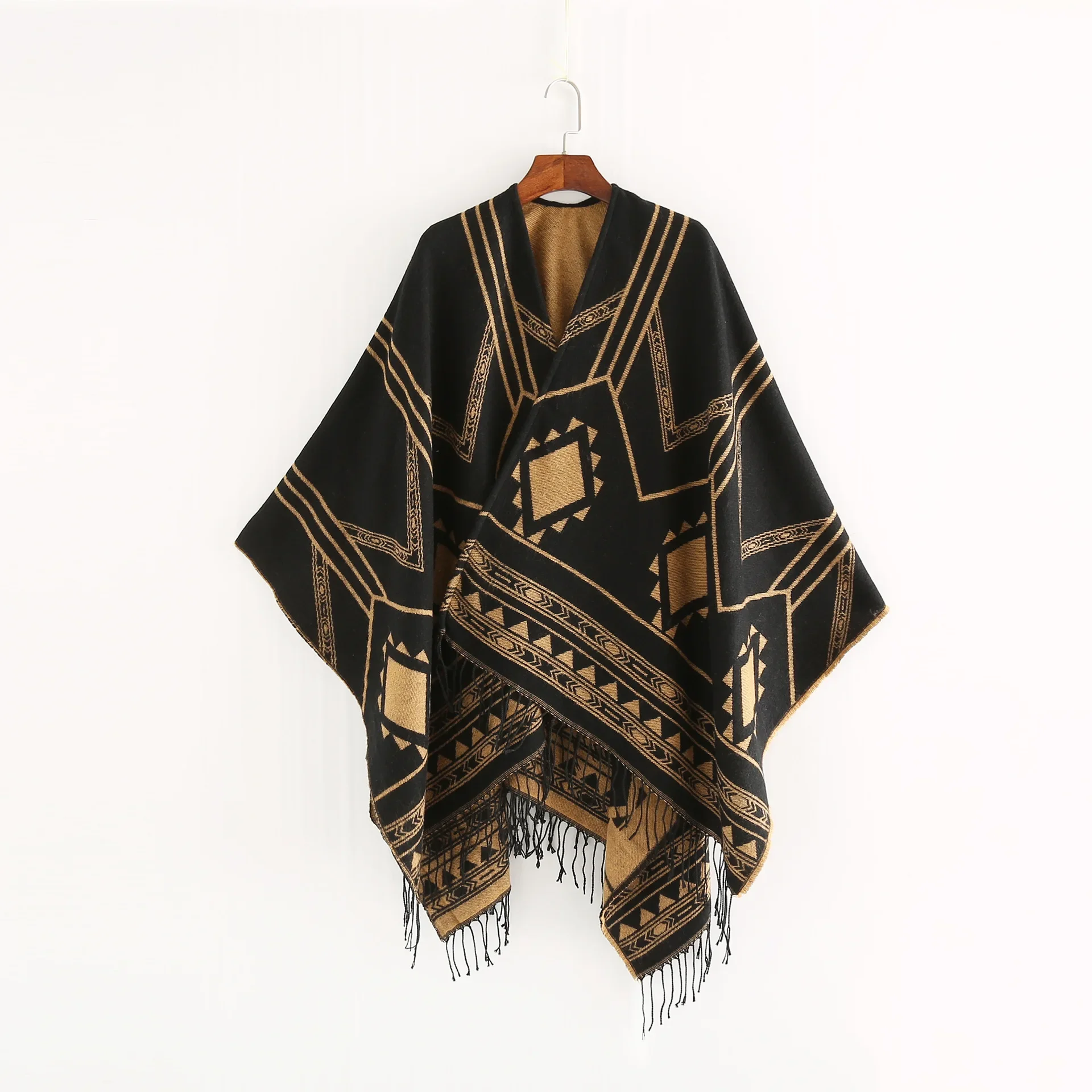 

New Indian Nepalese Style Geometric Tassel Split Women Shawl Warm Air Conditioning Room Lady Cloak Poncho Capes Black Khaki