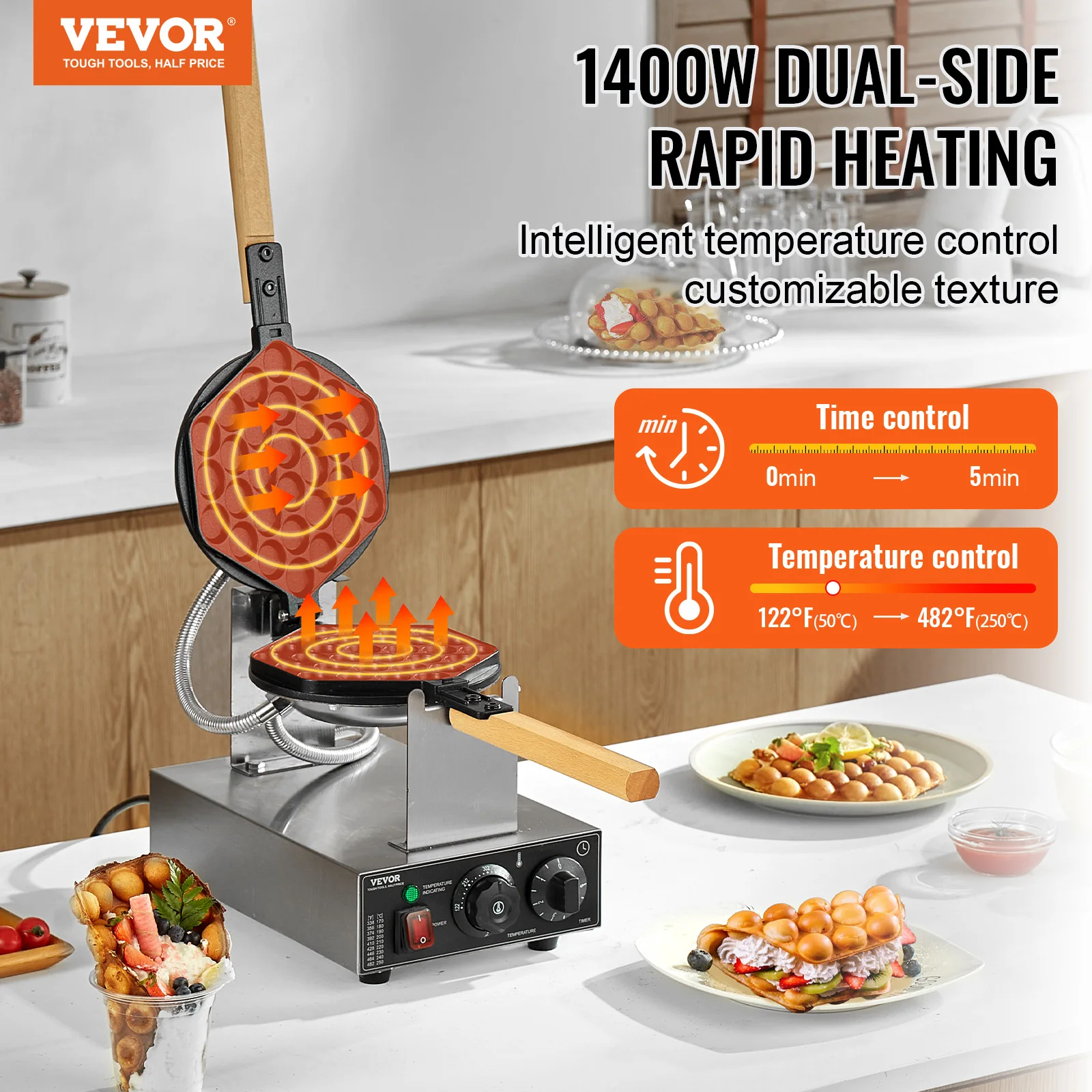 VEVOR Commercial Egg Bubble Waffle Maker 1400W Non-Stick Stainless Steel Bubble Puff w/180° Rotatable 2 Pans & Wooden Handles