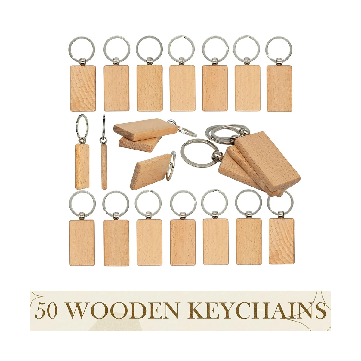 100 Pcs Wooden Blanks Wood Key Chain Blanks Unfinished Wooden Key Ring Key Tag for DIY Crafts(Round+Rectangle)