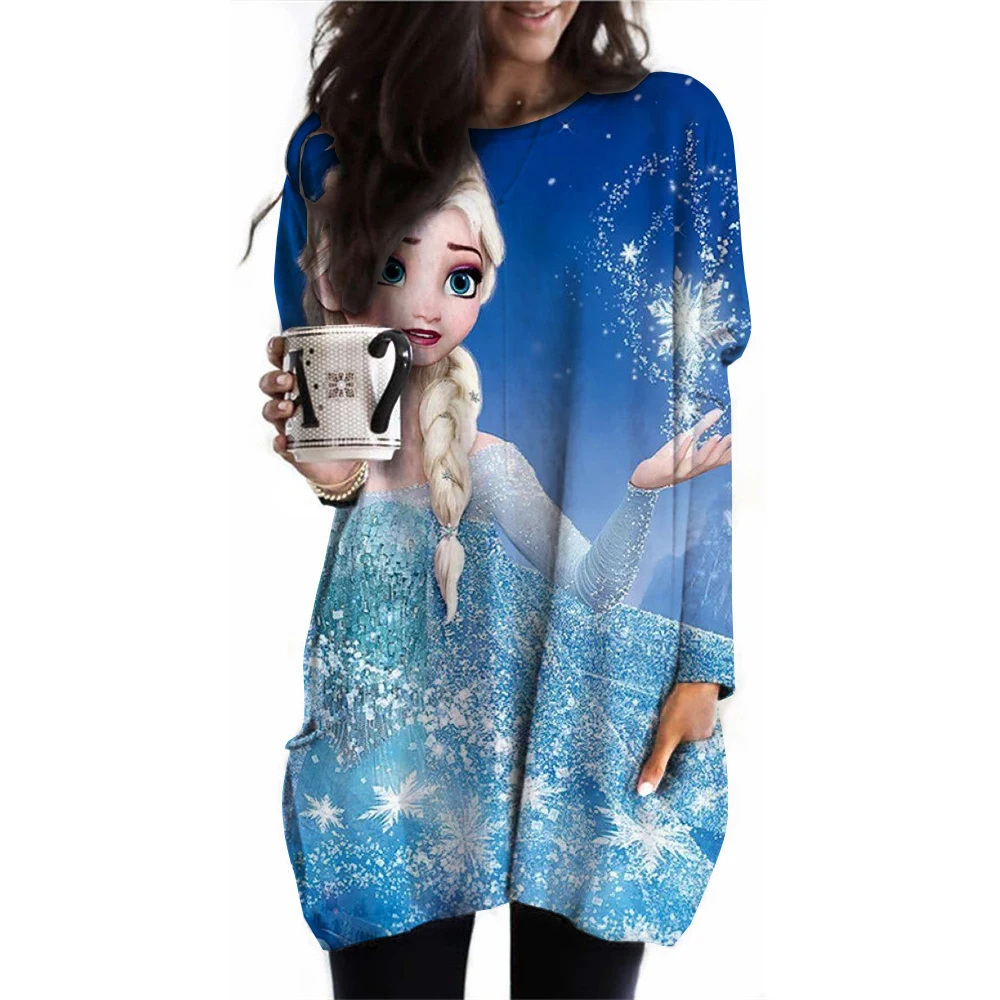 2024 New Women\'s Round Neck Long Sleeve T-shirt Disney Princess Printed Long Sleeve Pocket T-shirt Women\'s Casual Street Clothin