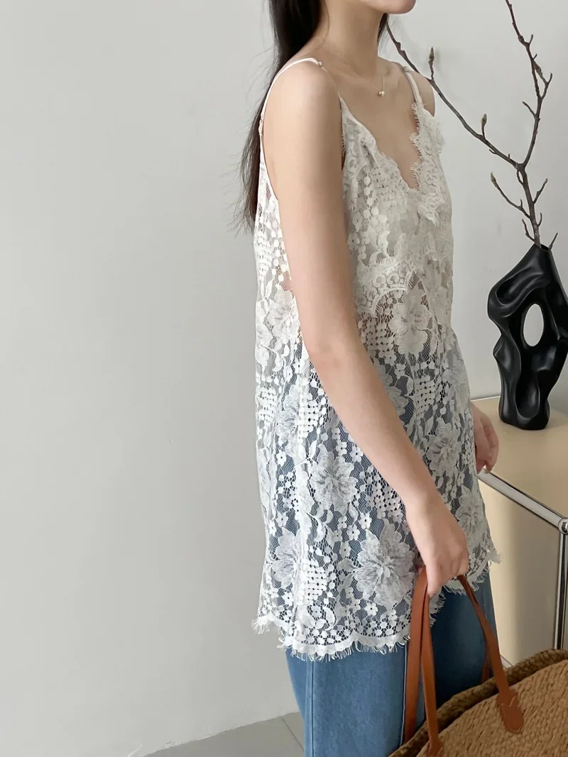 2024 Summer New Women's Lace Hollow Camisole Top Loose Slightly Transparent Sexy Tank Top CT2531