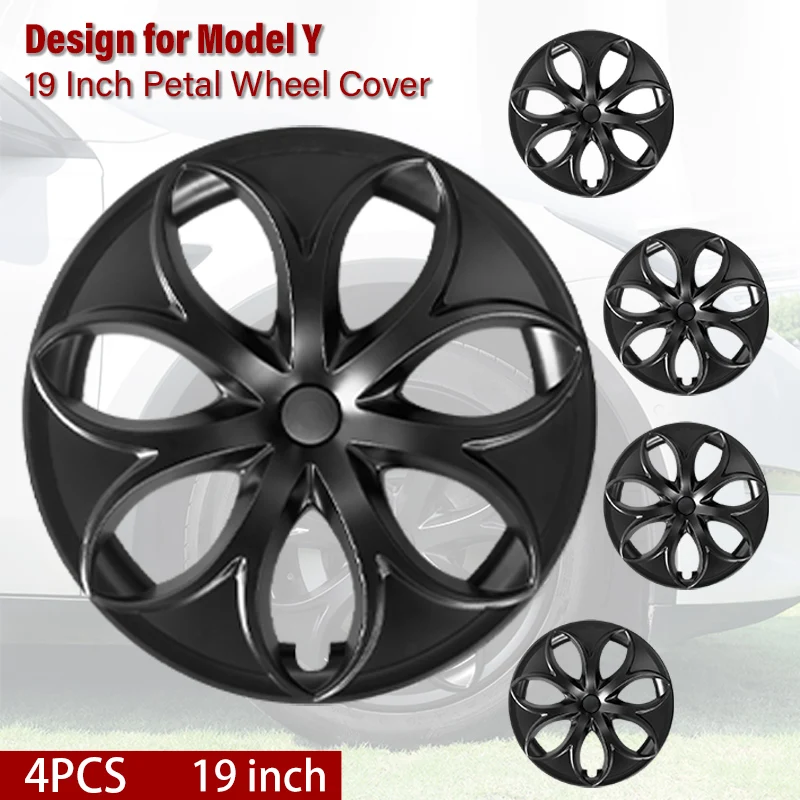 4PCS Wheel Cover Caps 19Inch Petal Style Hub Cap Replacement Automobile Wheel Hubcap Full Rim Cover For Tesla Model Y 2020-2024