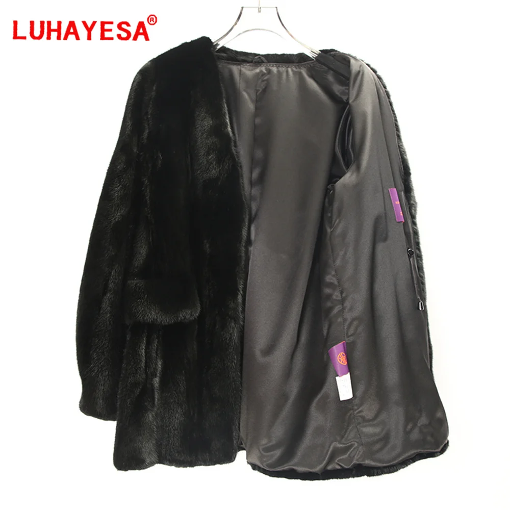 2024 New North Ameria Female Mink Fur Coat Luhayesa Black Medium Long V Neck Top Luxury Real Fur Mink Jackets