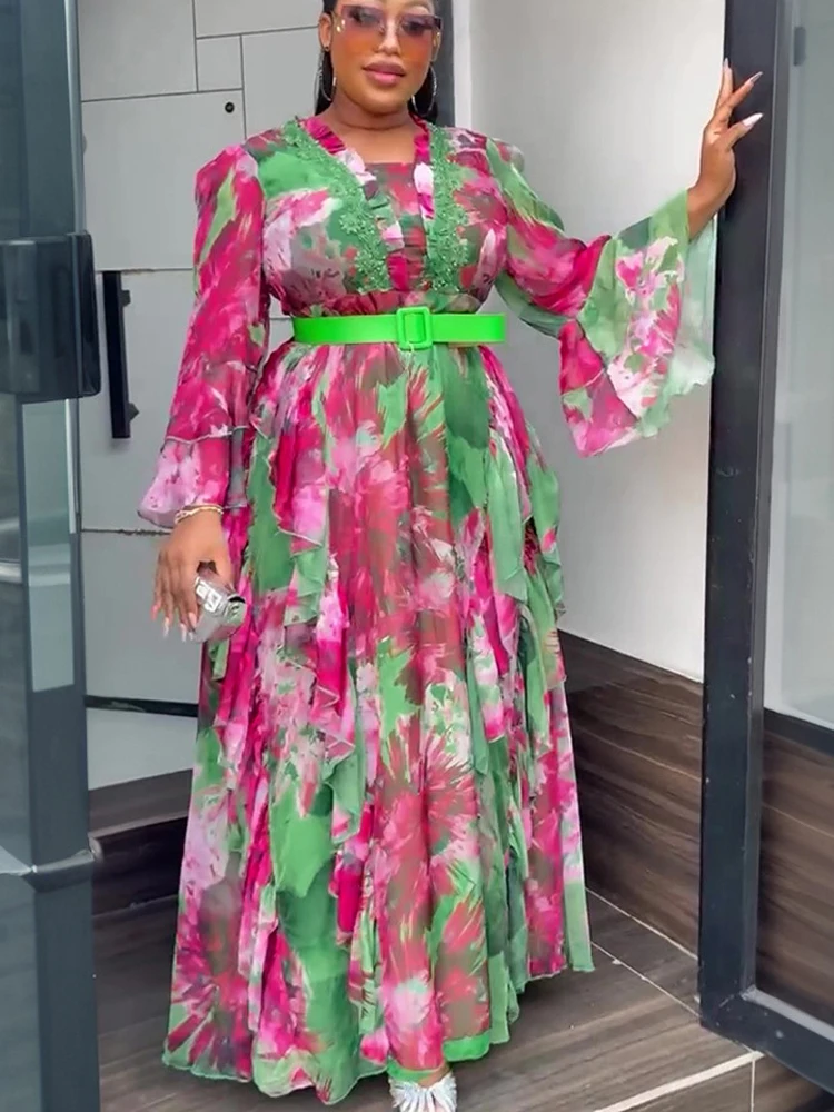 

African Dashiki Print Dresses Elegant Women Long Sleeve Chiffon Maxi Robes 2025 Africa Clothing Dubai Turkey Kaftan Party Dress