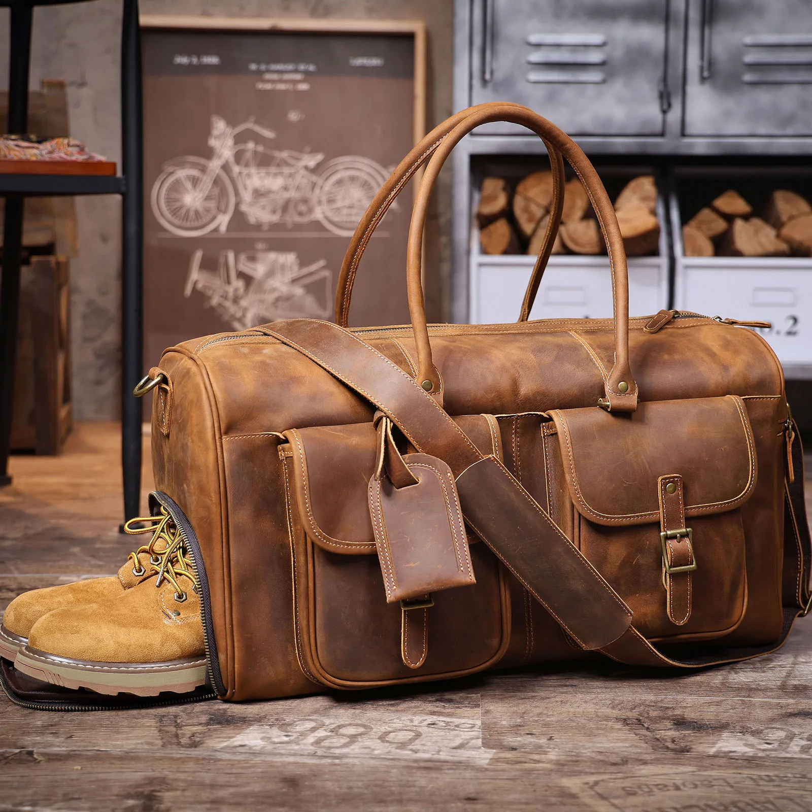 S.WORKER Vintage Echtleder-Reisetasche aus Crazy-Horse-Rindsleder, handgefertigte Weekender-Tasche, Sporttasche – Detail 9