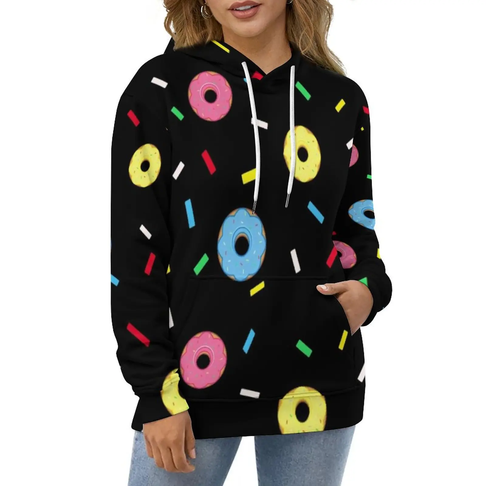 

Doughnut Pattern Casual Hoodies Sweet Food Print Pretty Pattern Loose Hoodie Autumn Long Sleeve Hip Hop Oversized Tops