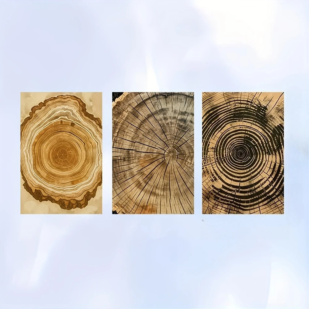 2D Flat, 3pcs Tree Ring Art Print Set - Natural Wood Grain Cross-Section Wall Decor with Detailed Tree Stump Diagrams, Beige/