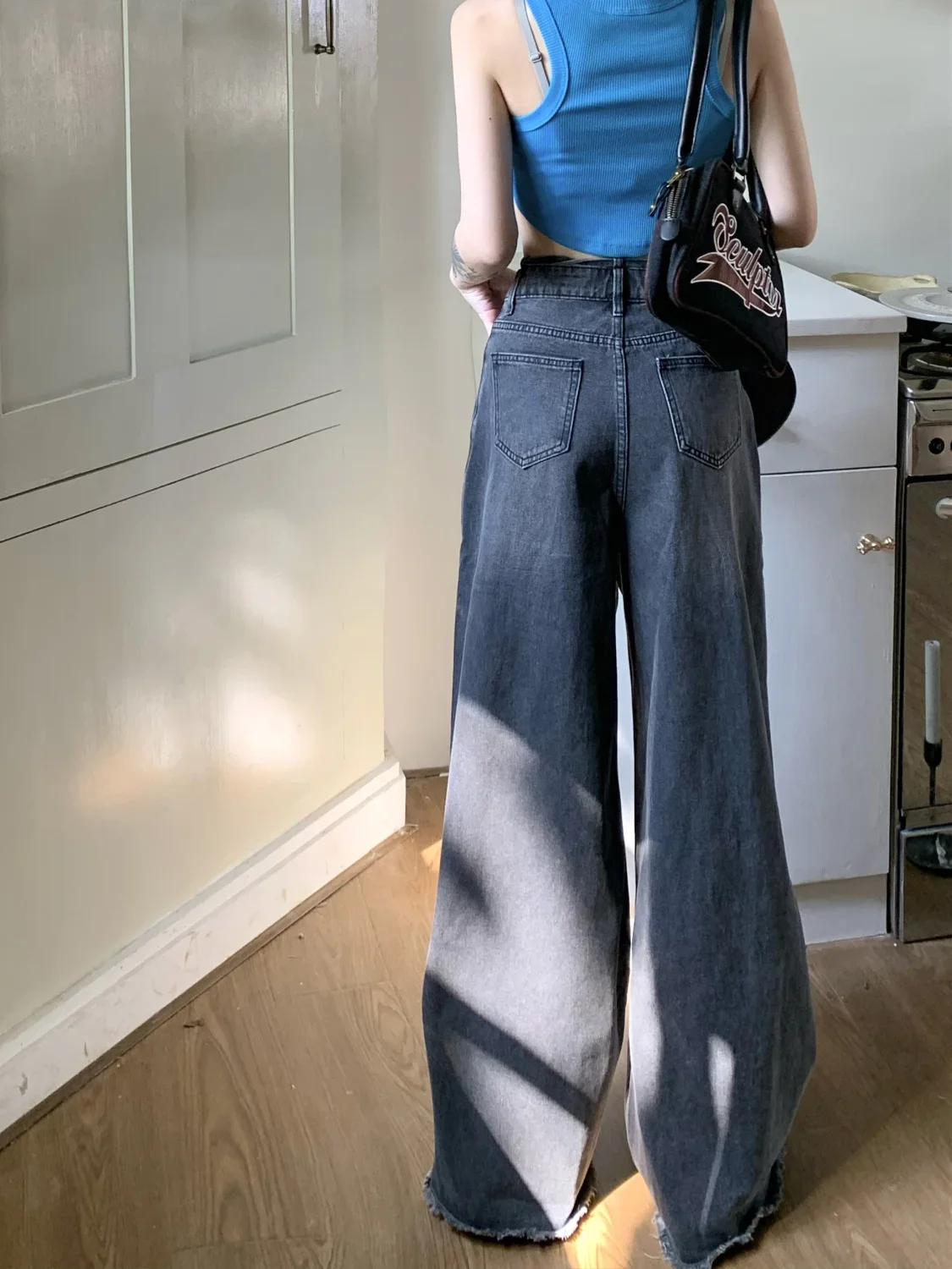 QWEEK Y2K Vintage 90s Black Jeans Grunge Distressed Baggy Denim Pants Female Oversize Korean Style Retro Basic Wide Leg Trousers