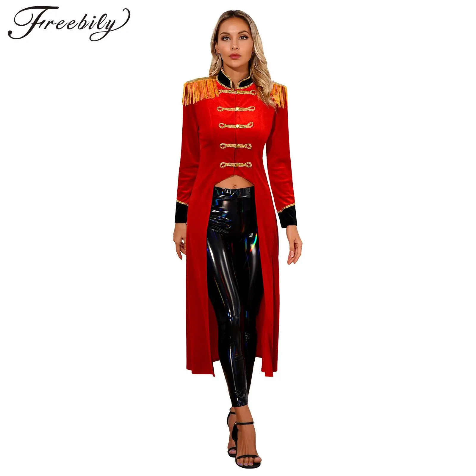 Womens Renaissance Showman Gothic Tops Long Sleeve Velvet Jacket Cosplay Circus Ringmaster Costume Velvet Fringe Tailcoat