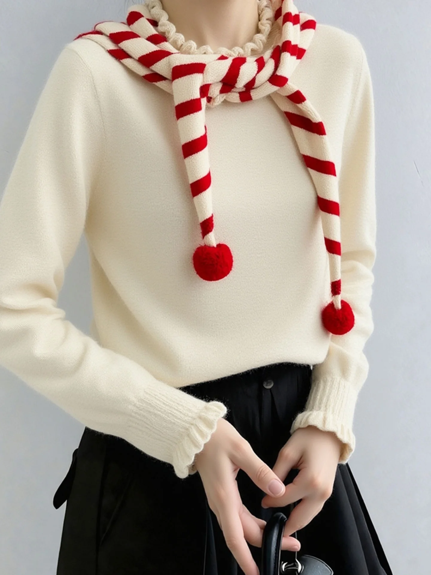 

Korean Design Faionable Long Sve Women's Camere Knitted Sweater Wooden Bicolor Winter Top Versatile Commute Sle