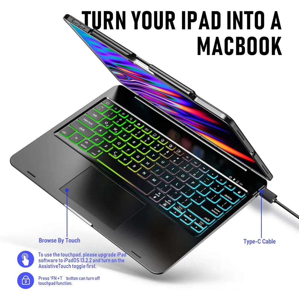 Imagem -03 - para Ipad Pro 12.9 Case de Teclado para Ipad 10.2 7th 8th 360 Graus Rotatable Teclado sem Fio Bluetooth Sono Automático Wake Teclado