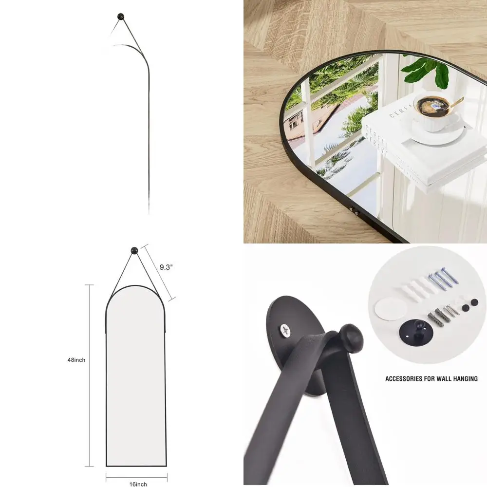 

Arched Leather Strap Hanging Mirror, 48x16 inches, Wall-Mounted for Bathroom, Living Room, Bedroom, and Entryway, Black