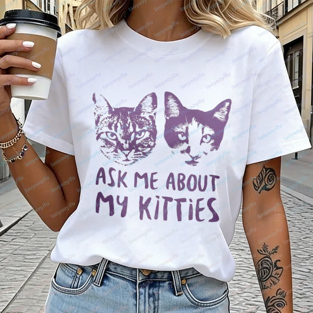 Ask Me about My Kitties Unisex Cotton Shirt Fun Cat Meme Y2K Retro Kitten Kawaii Clothes for Women Men Vintage Trend Streetwear